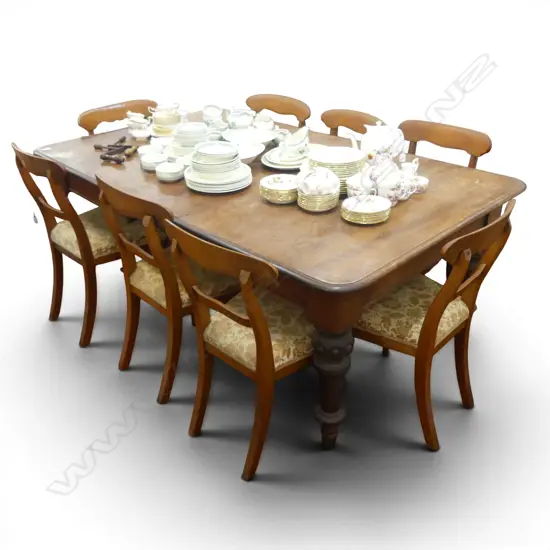 VICTORIAN MAHOGANY EXTENSION DINING TABLE ON CASTORS + 8 CHAIRS 1910x1180mm (INCL. LEAF 435mm)