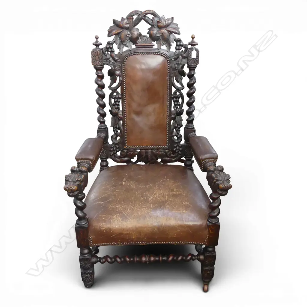 JACOBEAN STYLE CARVED LEATHER UPHOLSTERED CHAIR  Image 1++