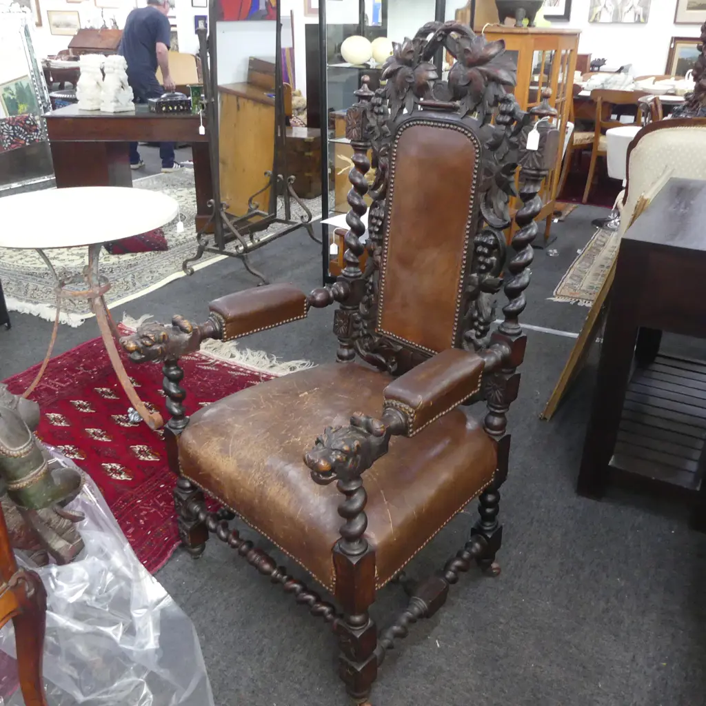JACOBEAN STYLE CARVED LEATHER UPHOLSTERED CHAIR  Image 1++