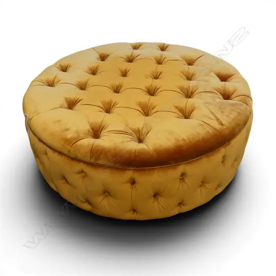 DAVID SHAW OTTOMAN IN JAMES DUNLOP 'ASPEN CANYON' RUST VELVET H.400mm, 1200mm dia SOME FADING
