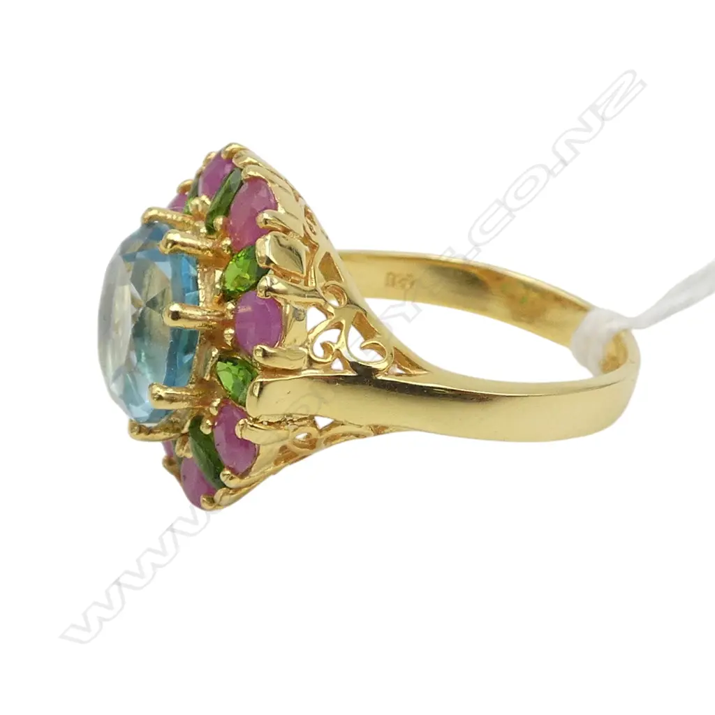 HAND MADE STERLING SILVER GILT RING SET WITH BLUE TOPAZ AND RUBIES SIZE P Image 1++