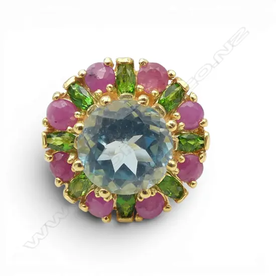 HAND MADE STERLING SILVER GILT RING SET WITH BLUE TOPAZ AND RUBIES SIZE P
