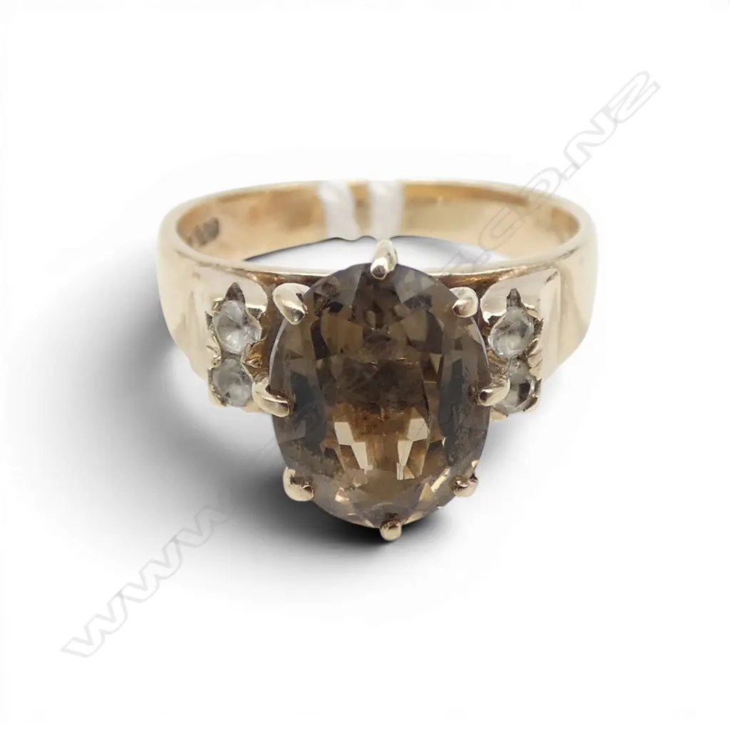 9ct GOLD retro SMOKY QUARTZ DRESS RING 3gms SIZE I Image 1++