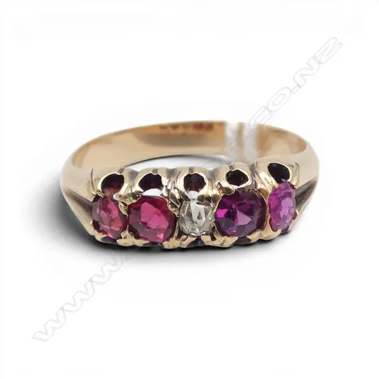 15ct RUBY? & 1 OLD MINE CUT DIAMOND RING, 2.90gm SIZE M some claws need attention