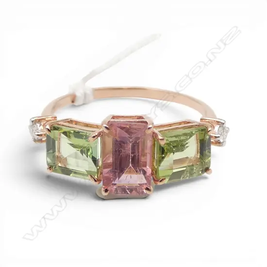 14ct DIAMOND, PINK & GREEN TOURMALINE RING SIZE P