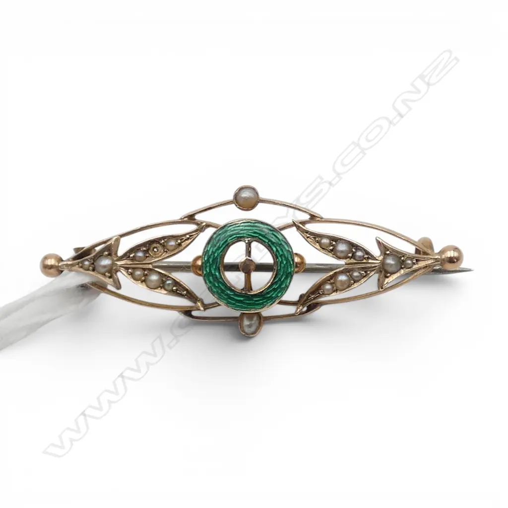EDWARDIAN 9CT GOLD SEED PEARL & ENAMEL BROOCH (one pearl missing) 3.16gms Image 1++