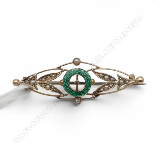 EDWARDIAN 9CT GOLD SEED PEARL & ENAMEL BROOCH (one pearl missing) 3.16gms