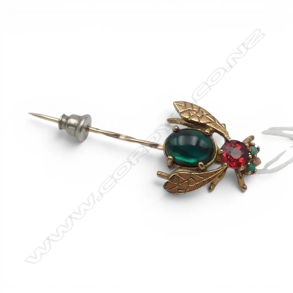 9CT GOLD AND GEMSTONE SET INSECT STICKPIN 2.32gms Image 1++