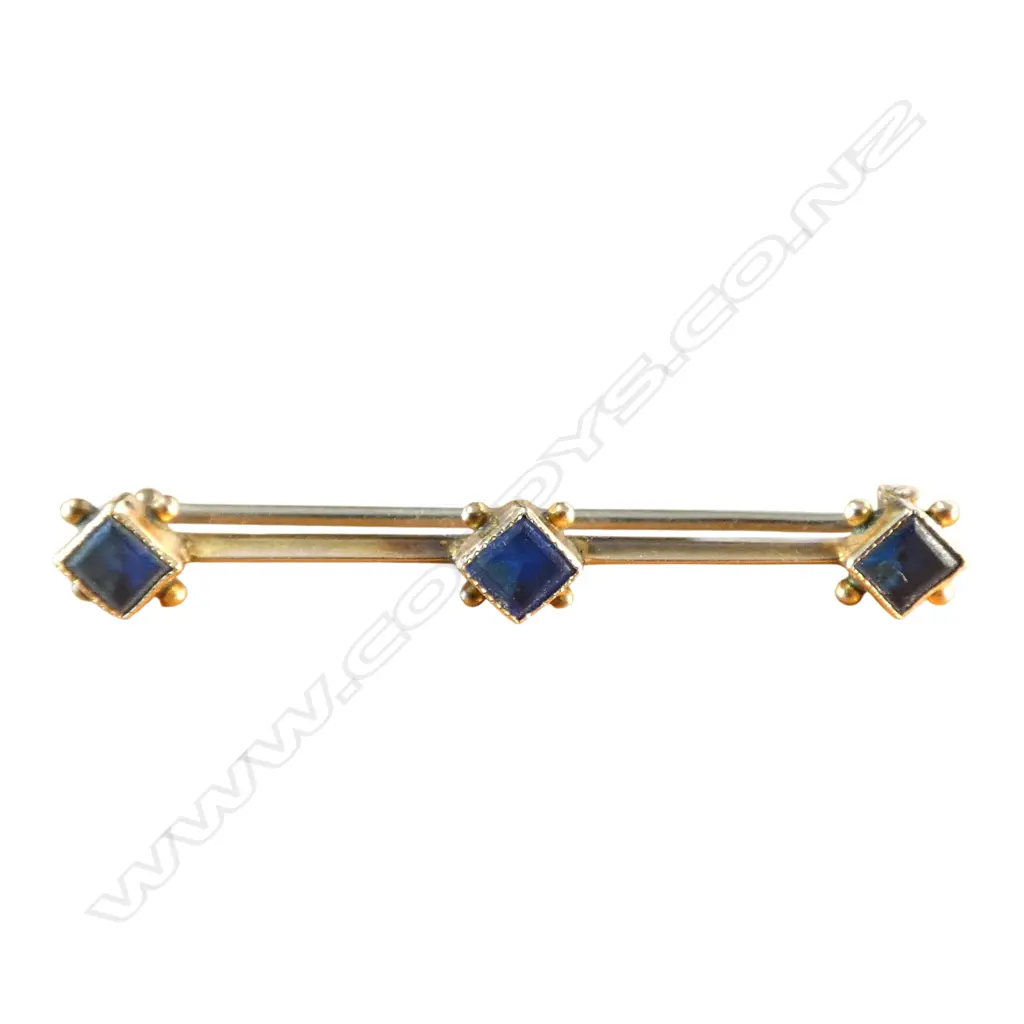 9ct & BLUE STONE BAR BROOCH pin not gold 2.62gms Image 1++