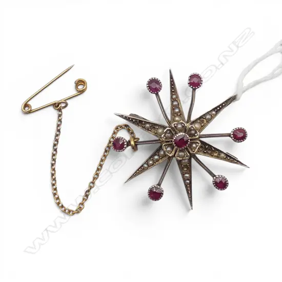VICTORIAN 9CT RUBY AND SEED PEARL STAR BROOCH 5.30gms SOME SEED PEARLS MISSING