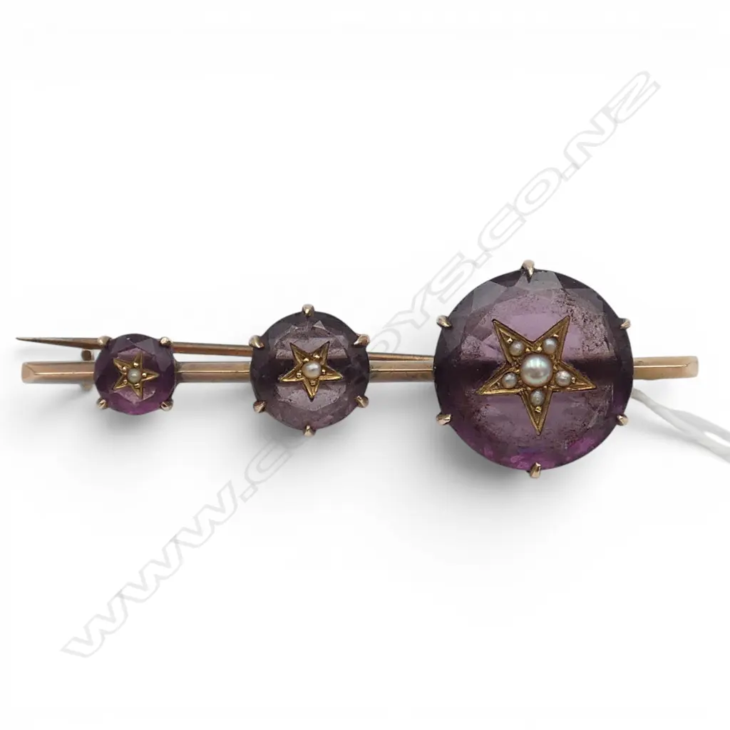 EDWARDIAN 9CT GOLD AMETHYST AND SEED PEARL BROOCH 9.59CT  Image 1++