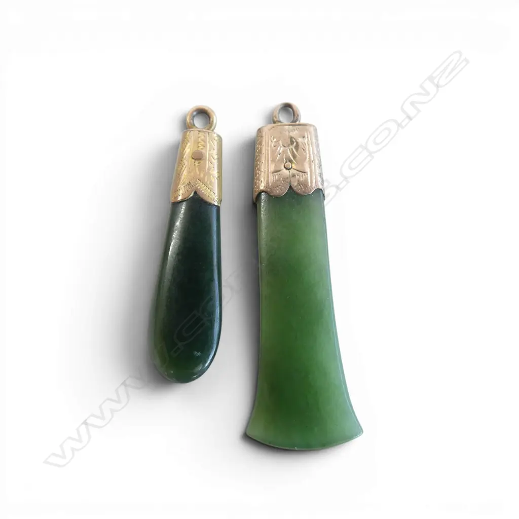 TWO 9CT GOLD AND POUNAMU PENDANTS Image 1++