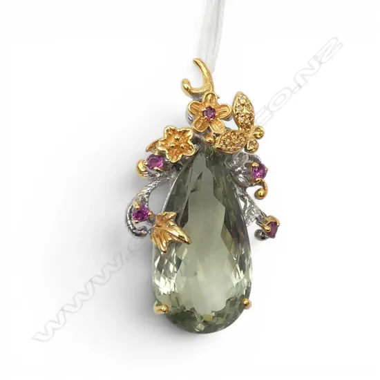 HAND MADE STERLING SILVER AND GILT PENDANT WITH 41ct GREEN AMETHYST AND PINK SAPPHIRES