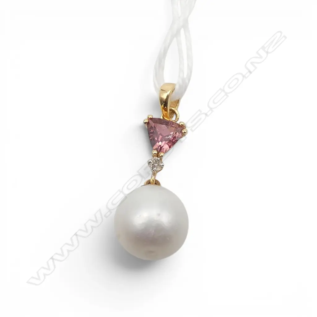 14ct DIAMOND PEARL & TOURMALINE PENDANT Image 1++