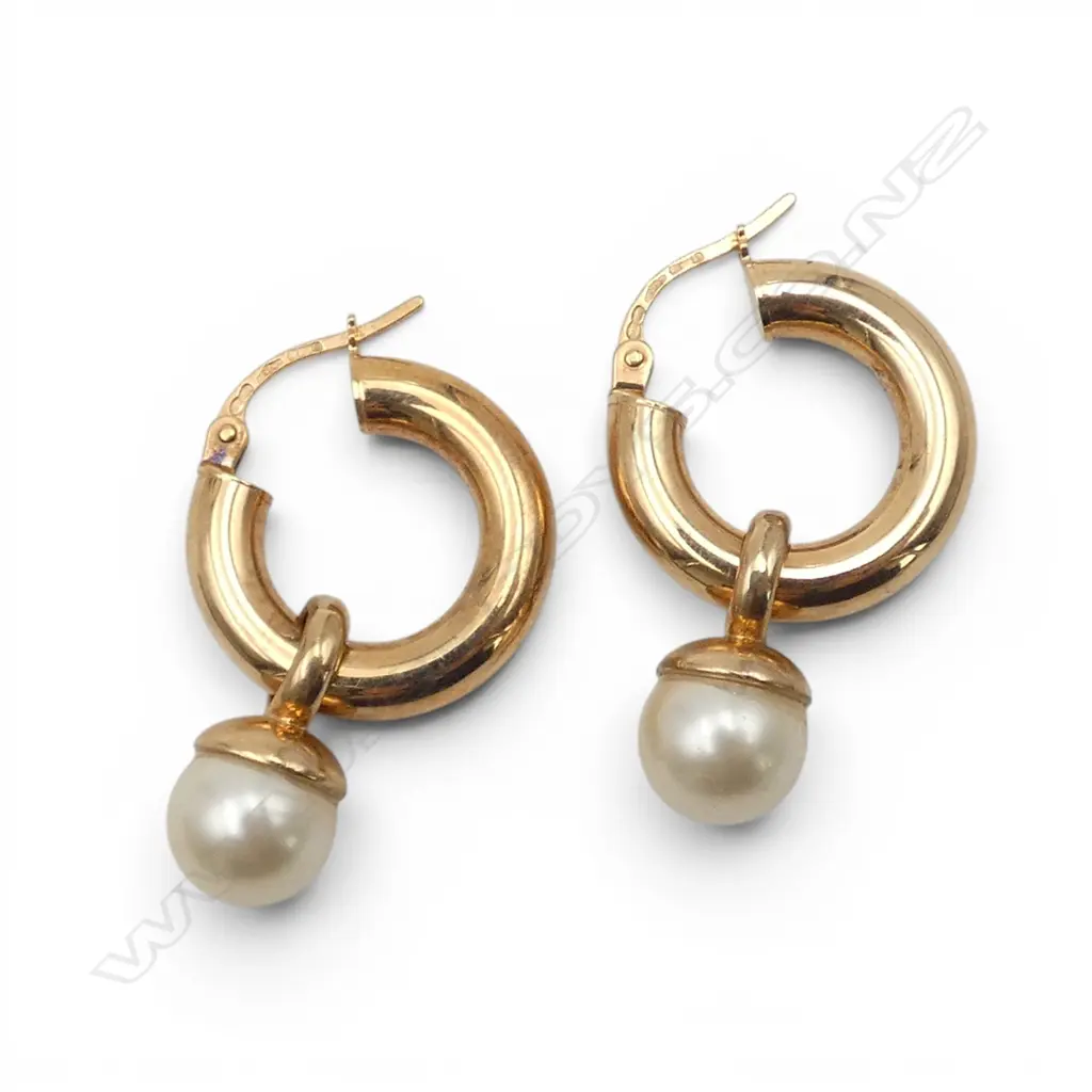 PR 9ct GOLD & FAUX PEARL HOOP EARRINGS 5.12gms Image 1++