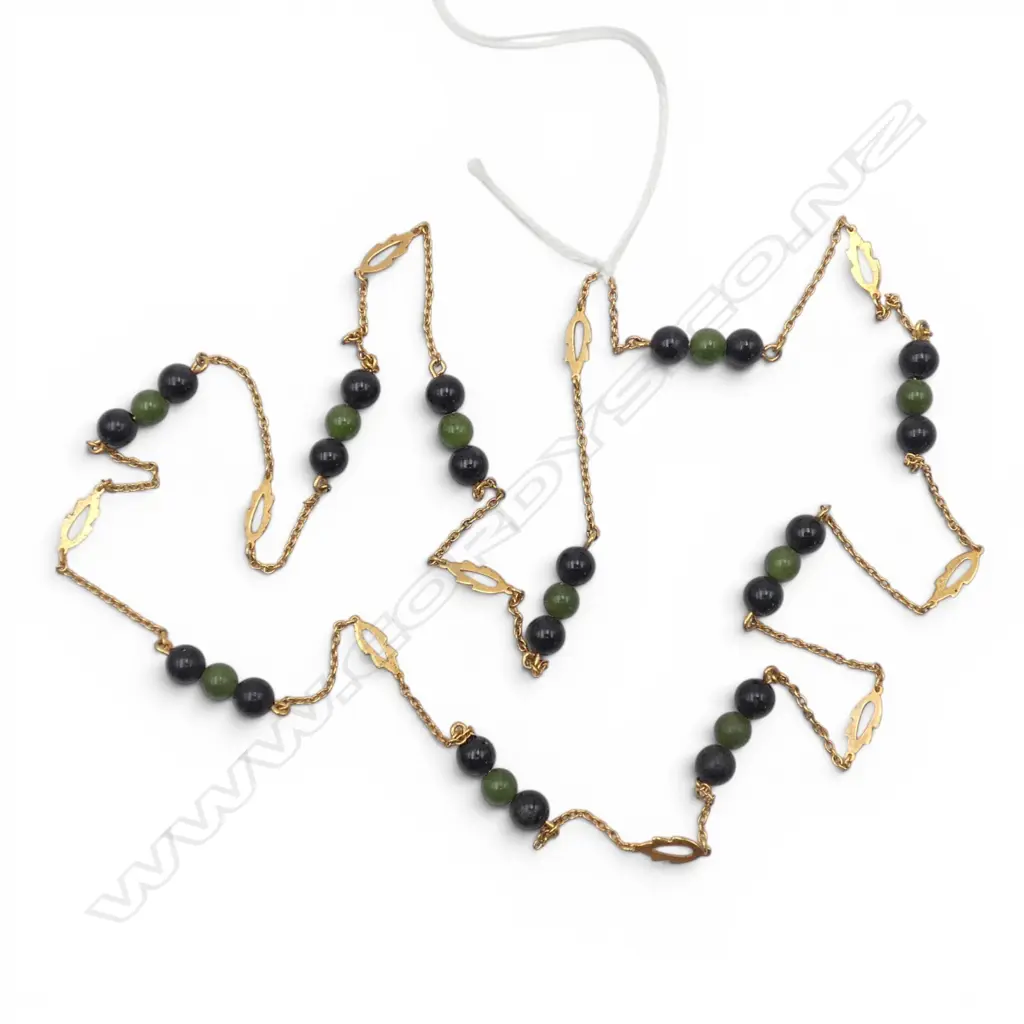 VINTAGE GREENSTONE BEAD & GOLD PLATED LONG NECKLACE. L.720mm Image 1++