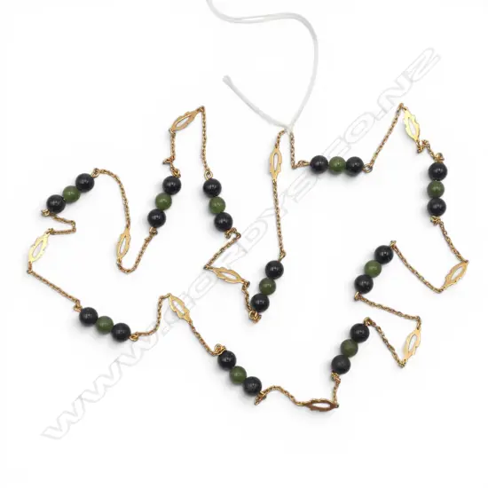 VINTAGE GREENSTONE BEAD & GOLD PLATED LONG NECKLACE. L.720mm