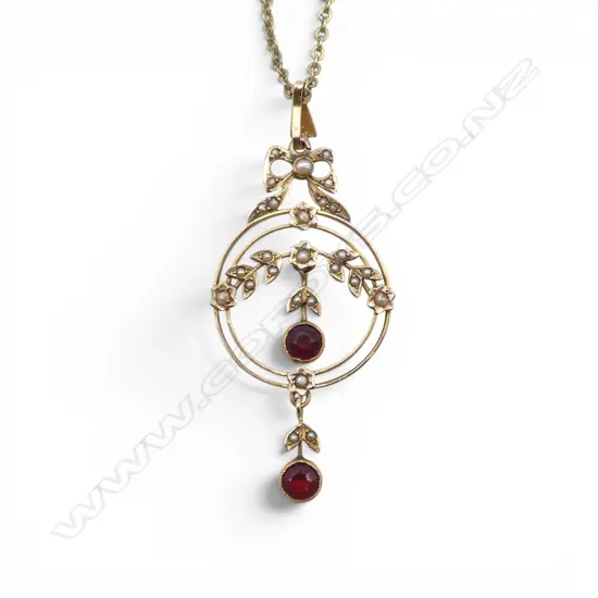 EDWARDIAN 9CT GOLD GARNET AND SEED PEARL PENDANT 3.98gms (chain not gold)