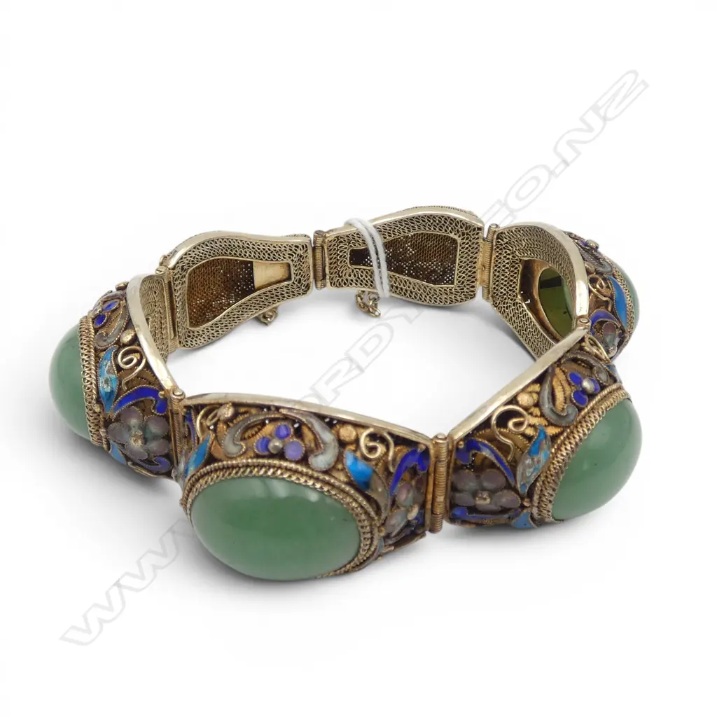 CHINESE SILVER GILT, ENAMEL AND JADE BRACELET  Image 1++