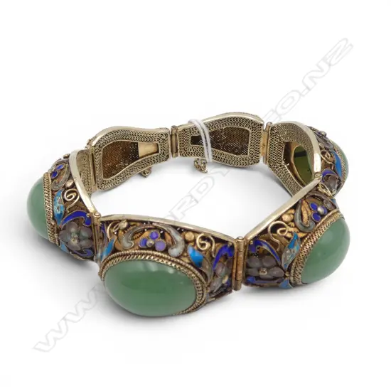 CHINESE SILVER GILT, ENAMEL AND JADE BRACELET 