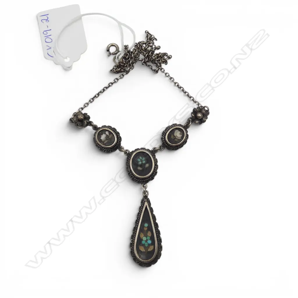 SILVER AND PIETRA DURA PENDANT NECKLACE Image 1++