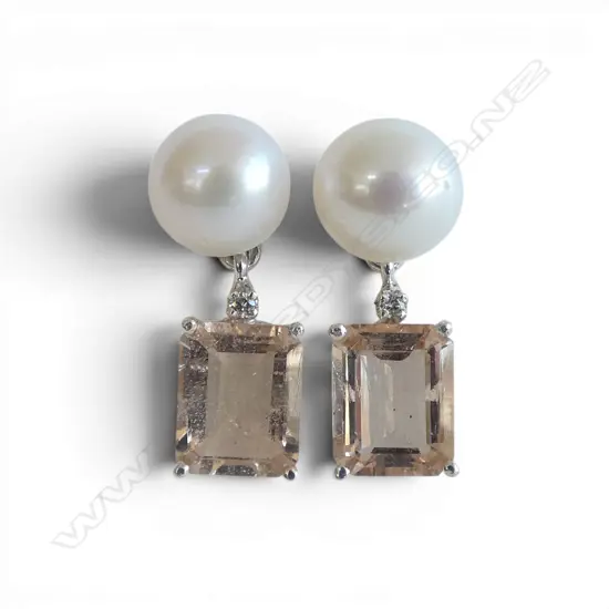 PR SILVER DIAMOND, PEARL & MORGANITE EARRINGS