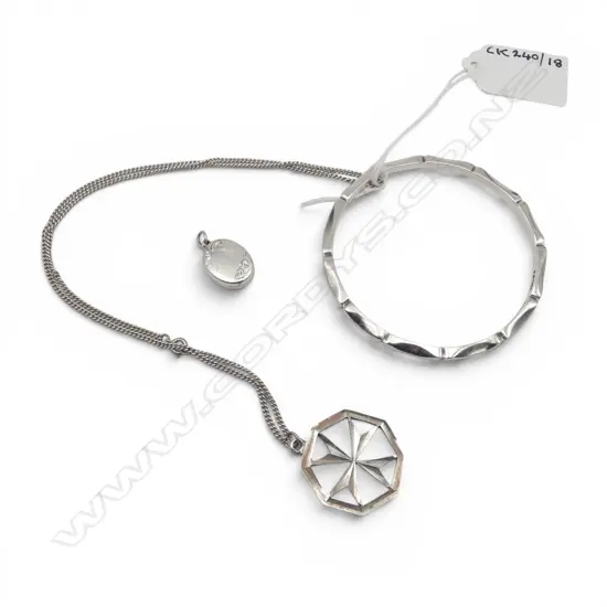 S/SILVER BANGLE  S/SILVER MALTESE CROSS PENDANT ON CHAIN & SMALL S/SILVER LOCKET 31.4GMS