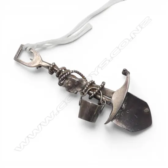 VINTAGE SILVER MINER's BROOCH pick + shovel + bucket + nugget & entwined rope
