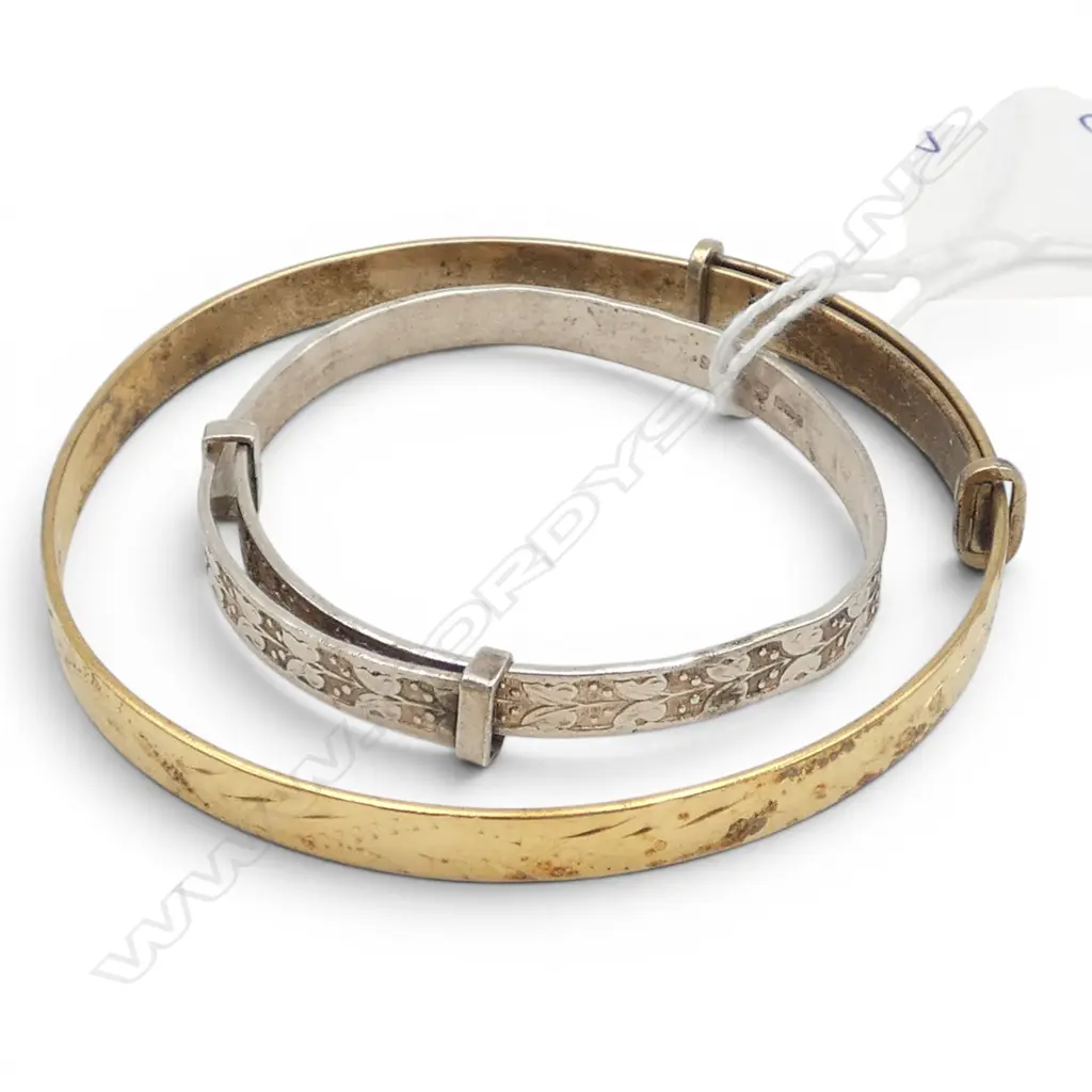 2 VINTAGE STG SILVER ADJUSTABLE BANGLES: 1 child's English make + adults gilded silver by H & S. 19.4gms total. Image 1++