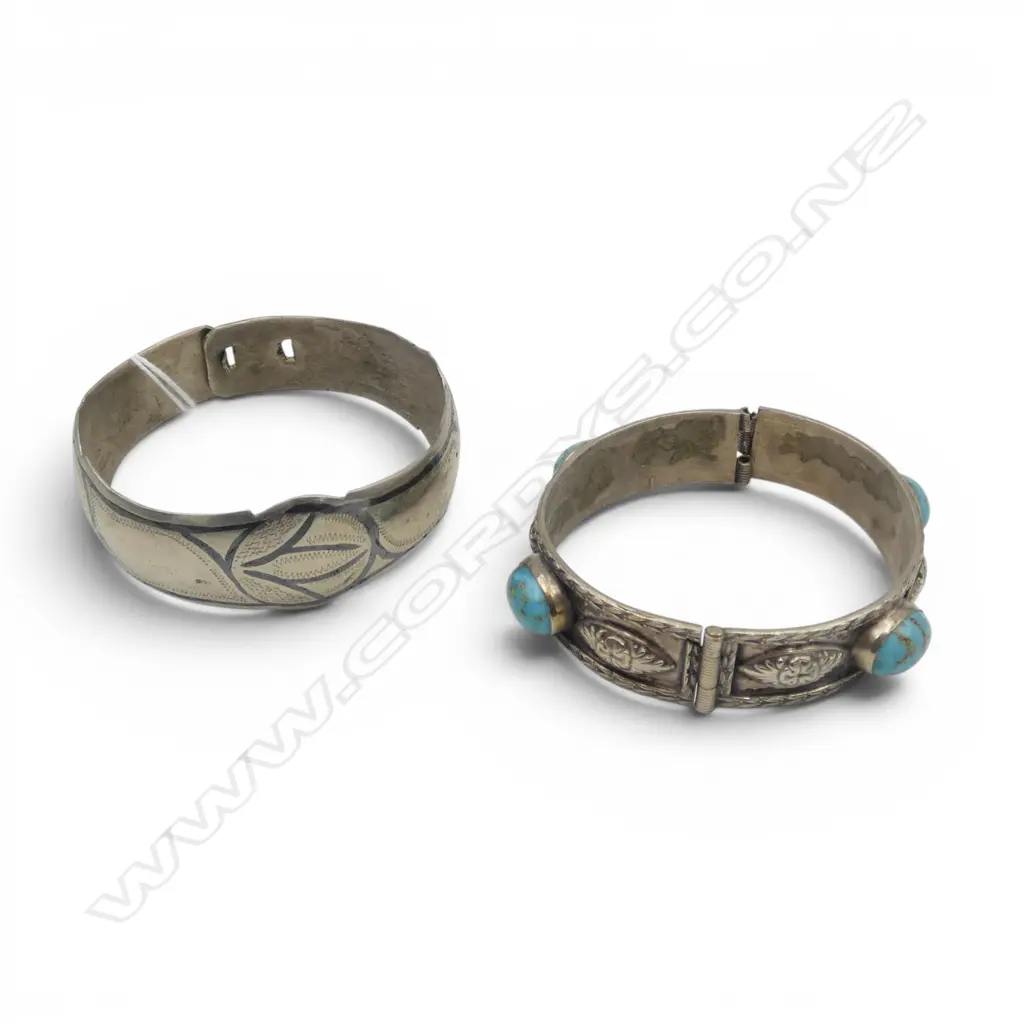 TWO SILVER BANGLES 45.32gms (one with stones) FAULTS Image 1++