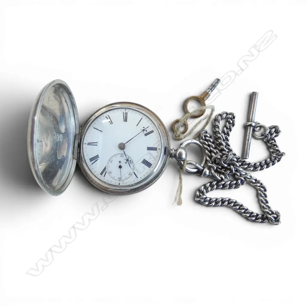 STG SILVER HUNTER POCKET WATCH w silver chain & key, English hallmarks, running Image 1++