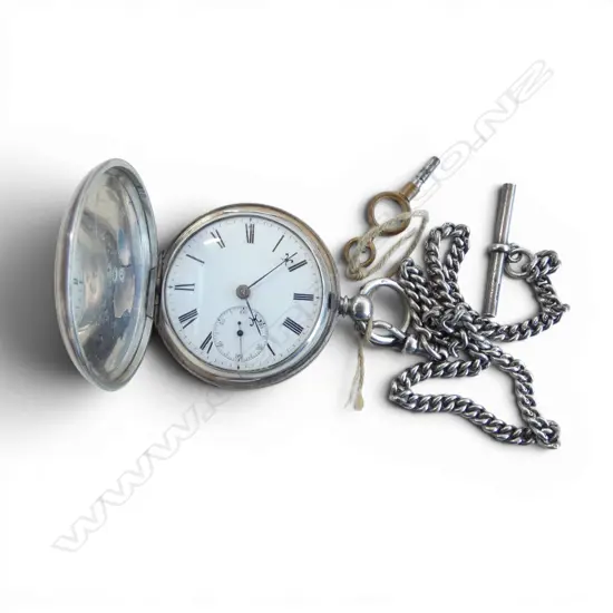 STG SILVER HUNTER POCKET WATCH w silver chain & key, English hallmarks, running