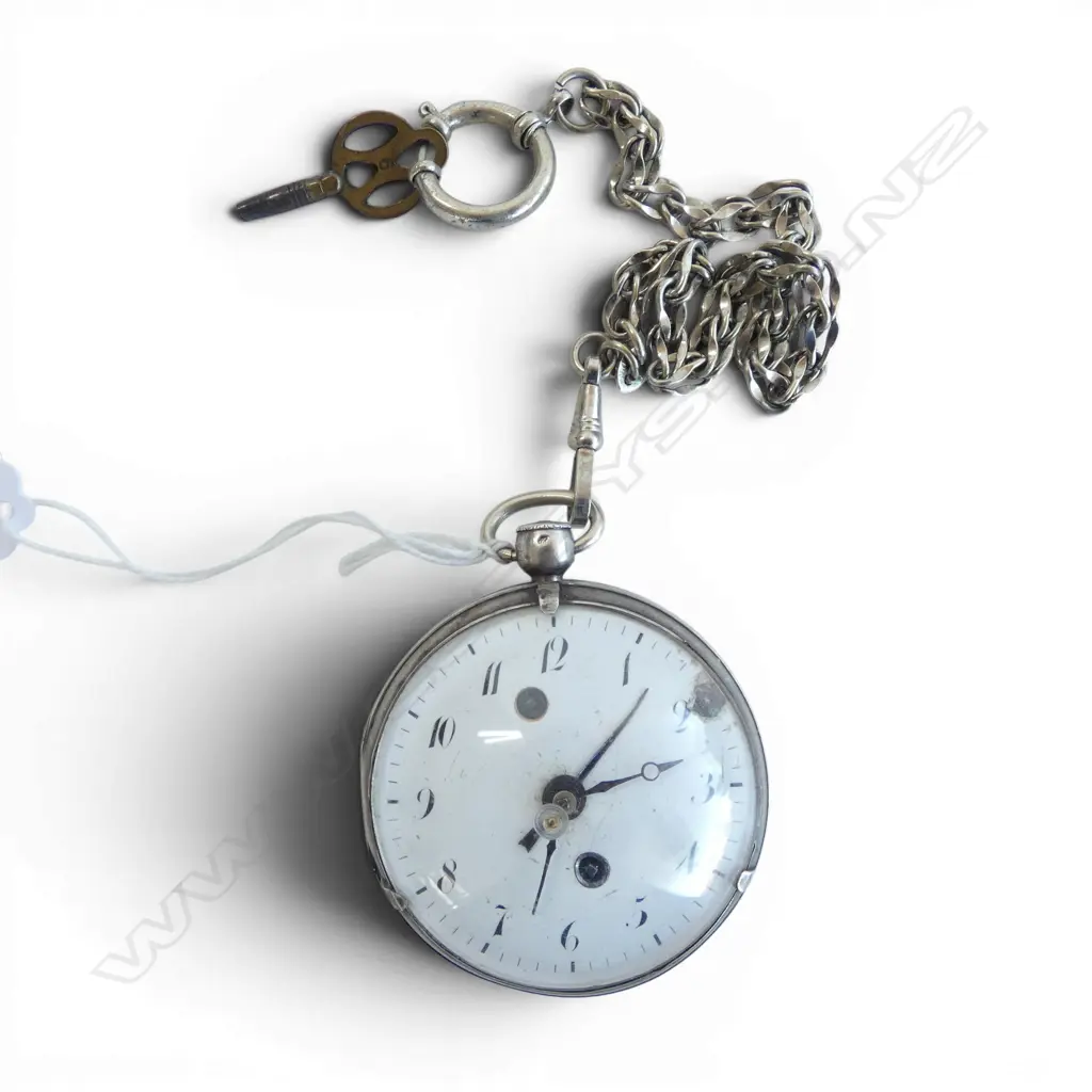 SILVER POCKET WATCH w KEY & CHAIN, running, metal chain FACE FAULTED Image 1++