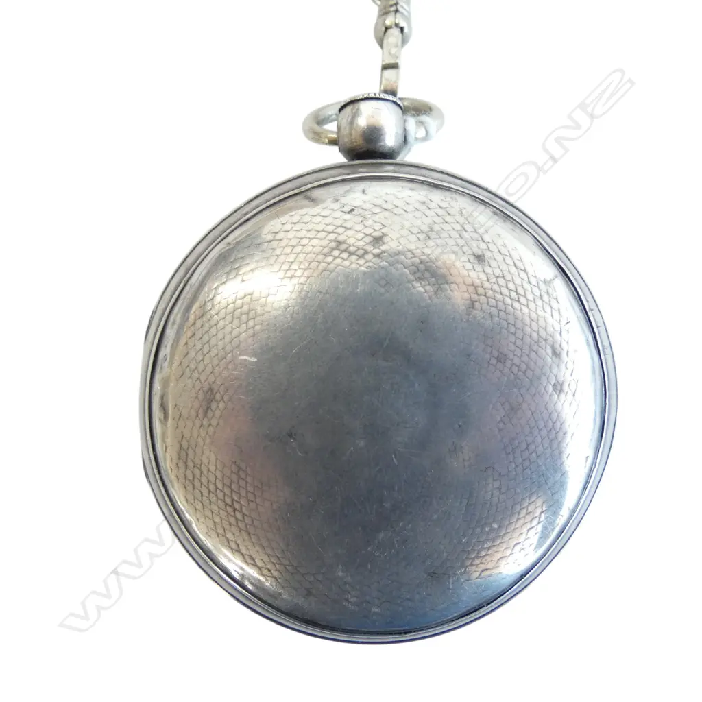 SILVER POCKET WATCH w KEY & CHAIN, running, metal chain FACE FAULTED Image 1++
