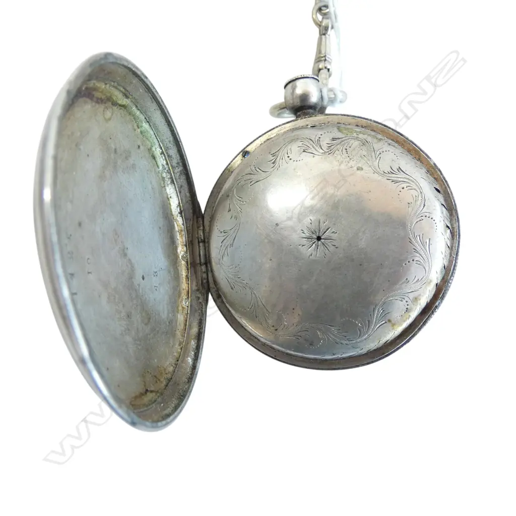 SILVER POCKET WATCH w KEY & CHAIN, running, metal chain FACE FAULTED Image 1++
