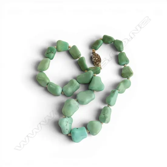 TURQUOISE NUGGET BEAD NECKLACE with oriental silver filigree clasp Needs rethreading.. L.440mm
