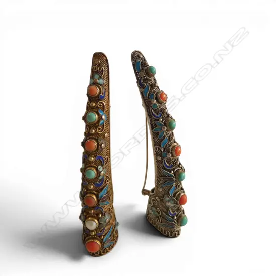 PR VINTAGE ORIENTAL SILVER + ENAMEL & GEM SET dancers FINGER EXTENSION BROOCHES
