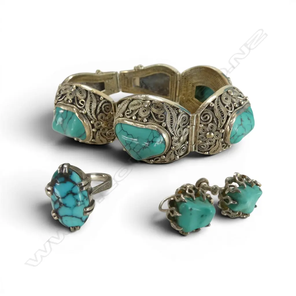QUALITY VINTAGE FRILAGREE SILVER & TURQUOISE BRACELET + RING & EARRING SET 68gms Image 1++
