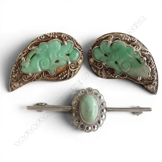 PR VINTAGE filigree SILVER & JADE SCREW-ON EARRINGS + SILVER JADE & MARCASITE BROOCH