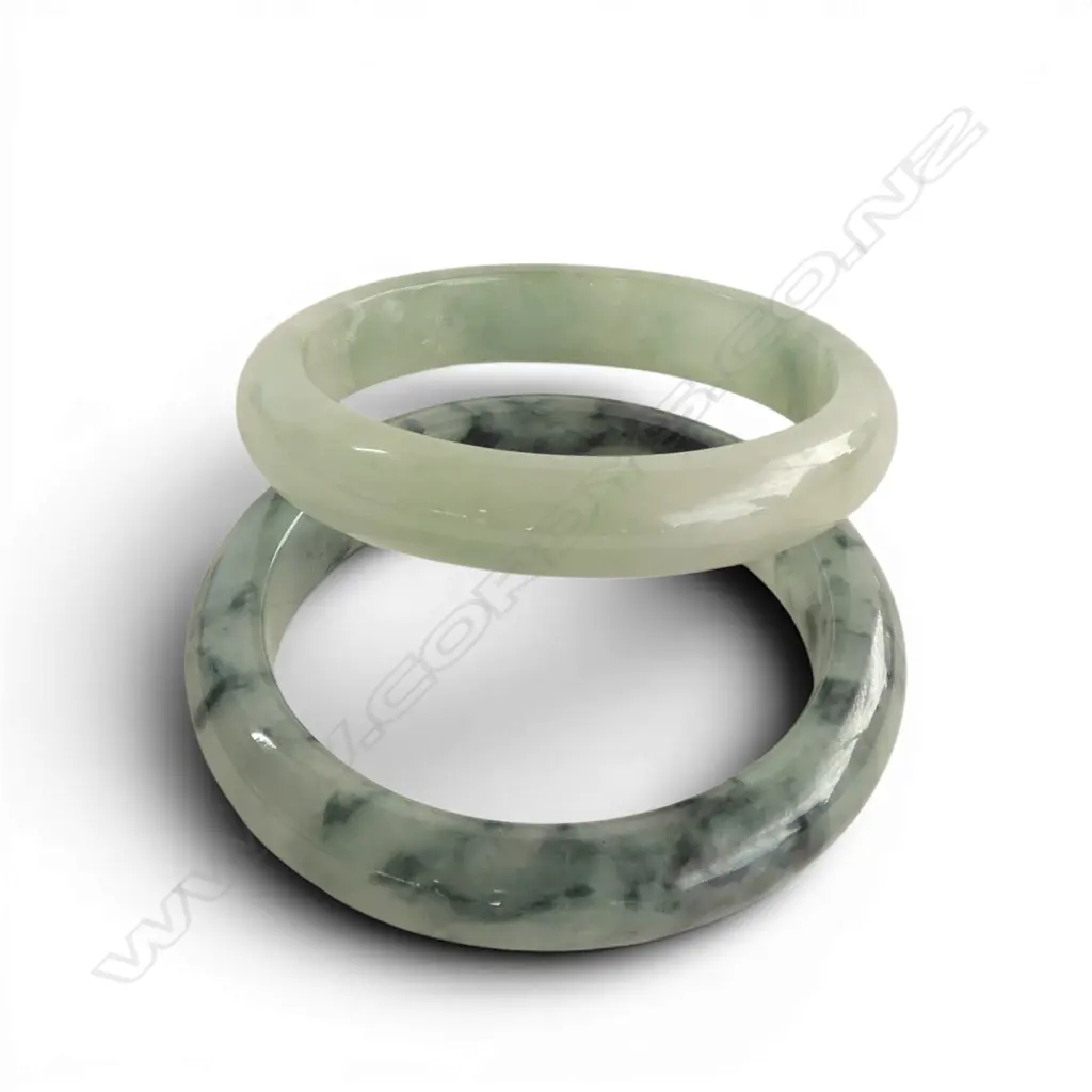 2 CHINESE PALE GREEN BANGLES w darker green highlights. Dia.58 internal 75mm external Image 1++