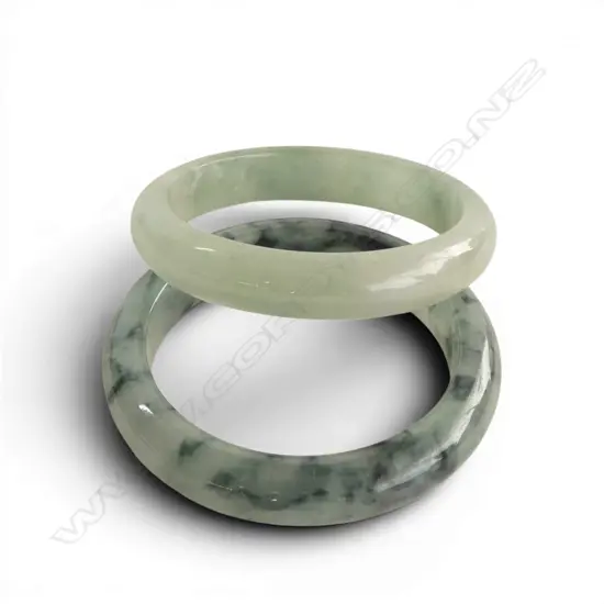 2 CHINESE PALE GREEN BANGLES w darker green highlights. Dia.58 internal 75mm external