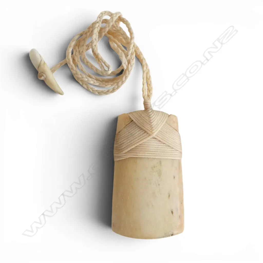 Fumio Noguchi (JAPANESE/NZ) WHALE BONE TOKI adze PENDANT w cord necklace. Signed. L.50mm Image 1++