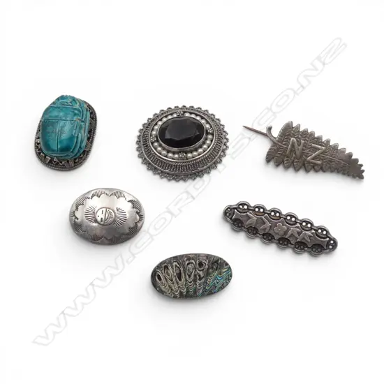 6 BROOCHES, some silver, 1 w smokey quartz