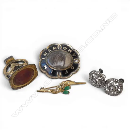 19thCROLLED GOLD MOURNING BOOCH (FAULTS), FOB SEAL & PR STG SILVER MARCASITE EARRINGS screw backs + SILVER BROOCH