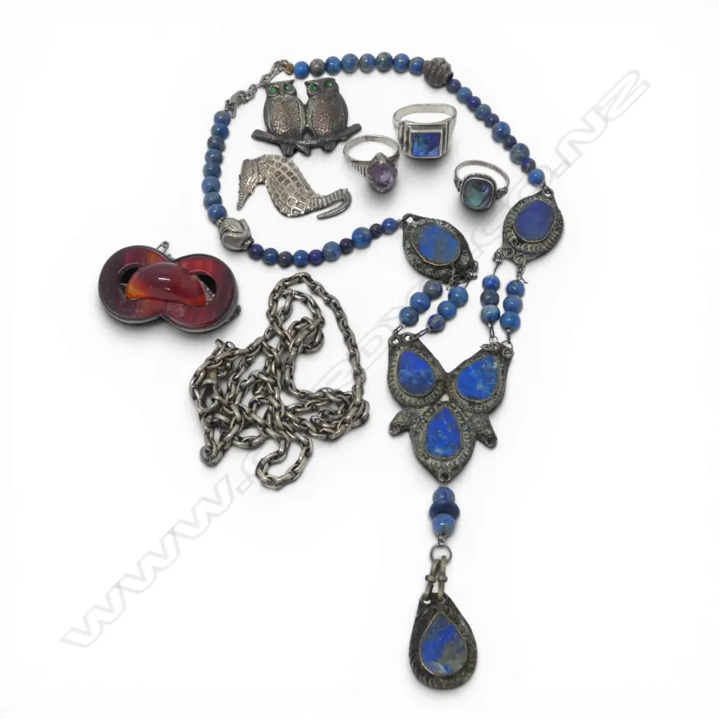 ASSORTED COSTUME AND SILVER BROOCHES/RINGS/LAPIS NECKLACE Image 1++