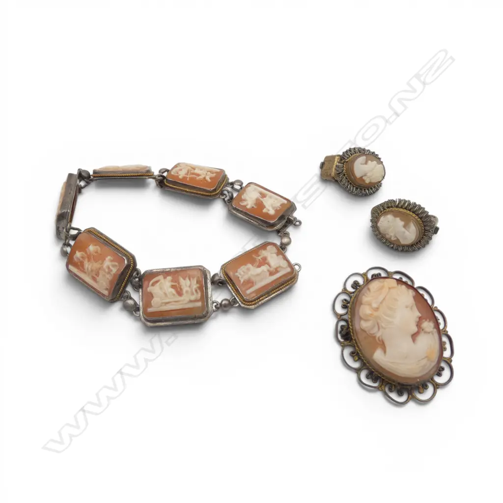 BAG VINTAGE CAMEO JEWELLERY: bracelet link missing + brooch + pr clip-on earrings Image 1++