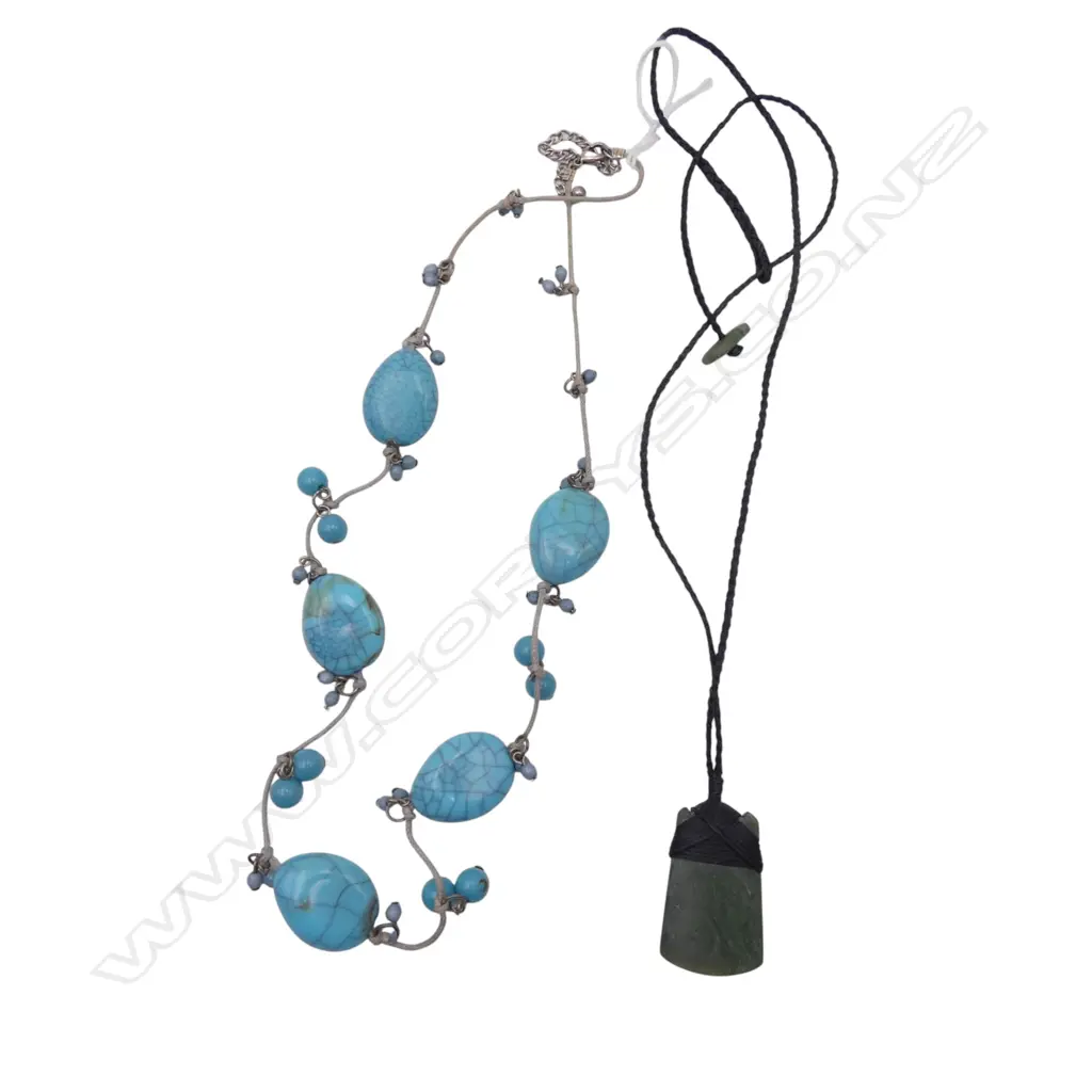 FAUX TURQUOISE NECKLACE & POUNAMU TOKI PENDANT on WAXED CORD Image 1++