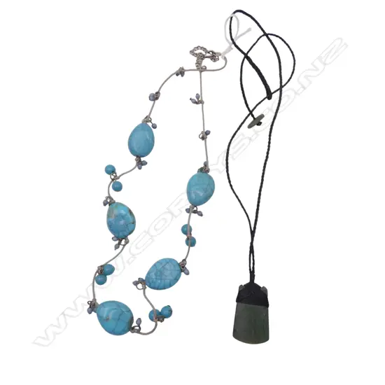 FAUX TURQUOISE NECKLACE & POUNAMU TOKI PENDANT on WAXED CORD