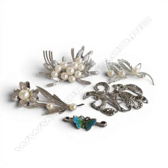 VINTAGE SILVER & ENAMEL small BUTTERFLY BROOCH + SILVER & PEARL BROOCH + 3 others plated