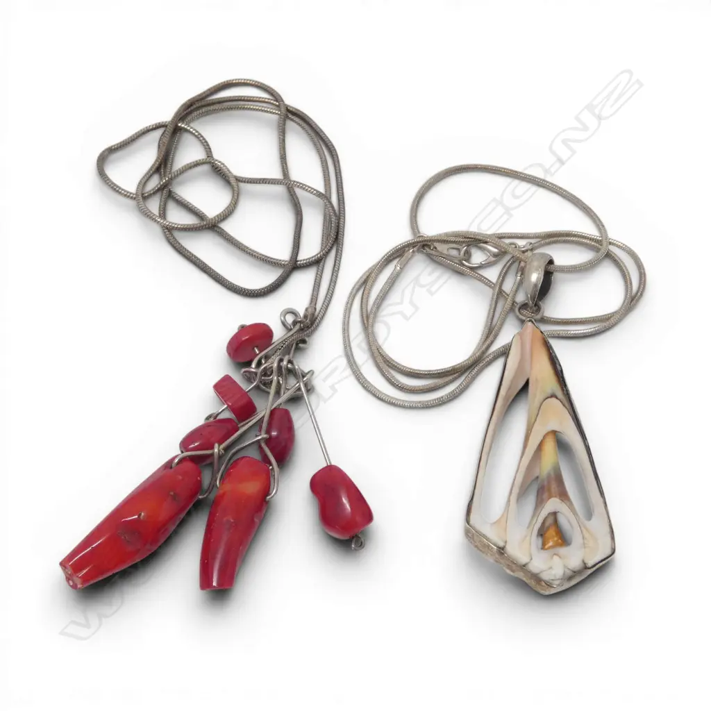 DYED CORAL NECKLACE + BISECTED SHELL NECKLACE ON STG SILVER CHAIN Image 1++